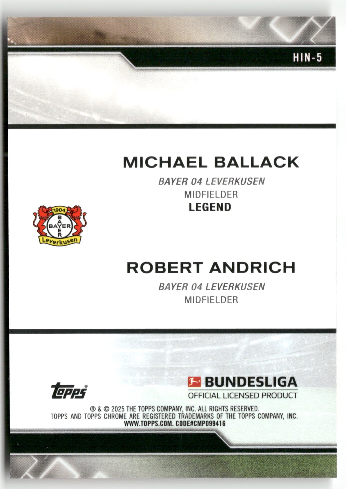 Fußball Michael Ballack / Robert Andrich 2024-25 Topps Chrome Bundesliga 2025 #HIN-5 Bayer 04 Leverkusen Trading Card Original