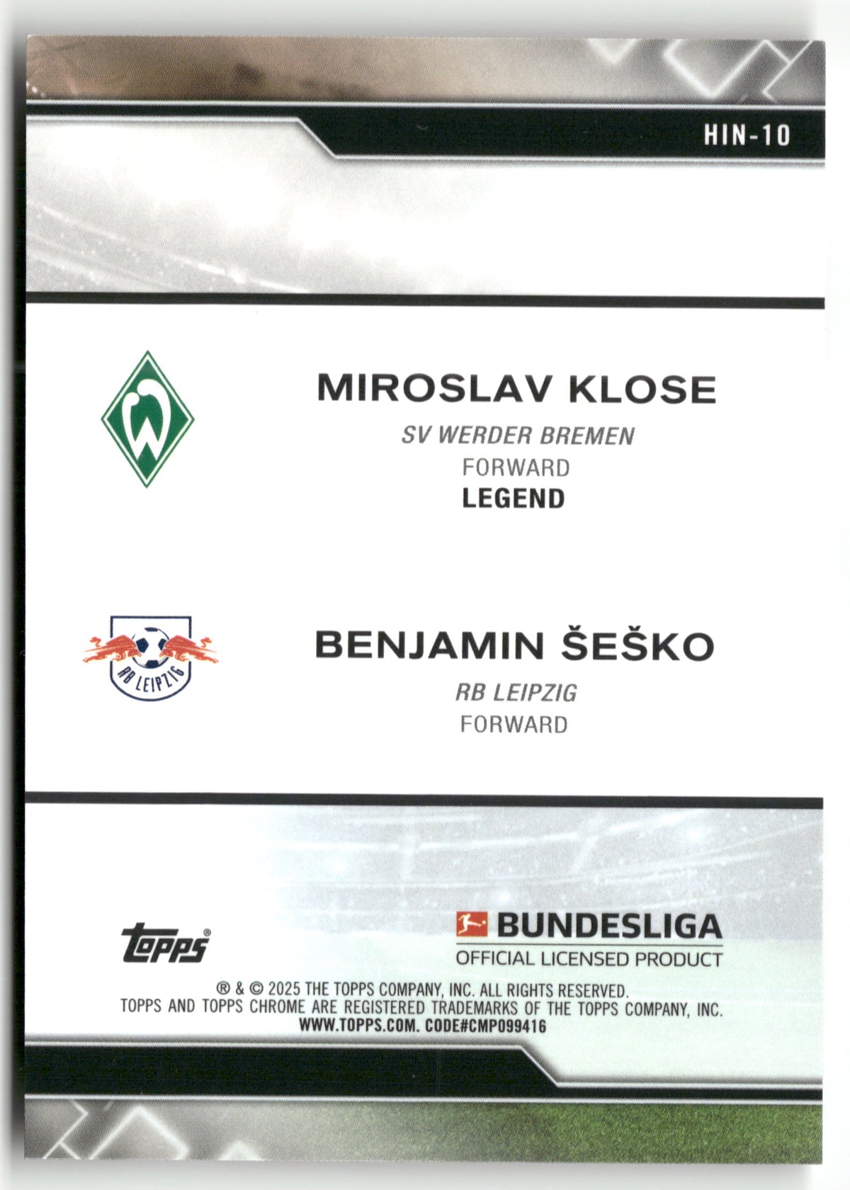 Fußball Miroslav Klose / Benjamin Šeško Topps Chrome Bundesliga 2025 #HIN-10 SV Werder Bremen / RB Leipzig Trading Card Original