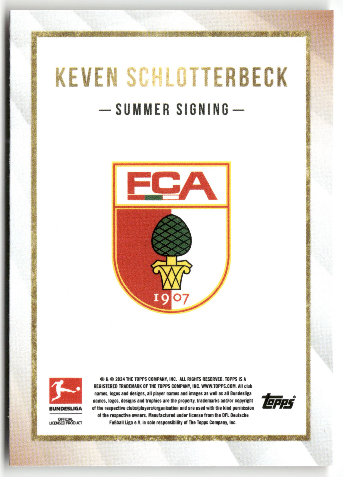 Fußball Keven Schlotterbeck 2024-25 Topps Bundesliga Summer Signing FC Augsburg Trading Card Original