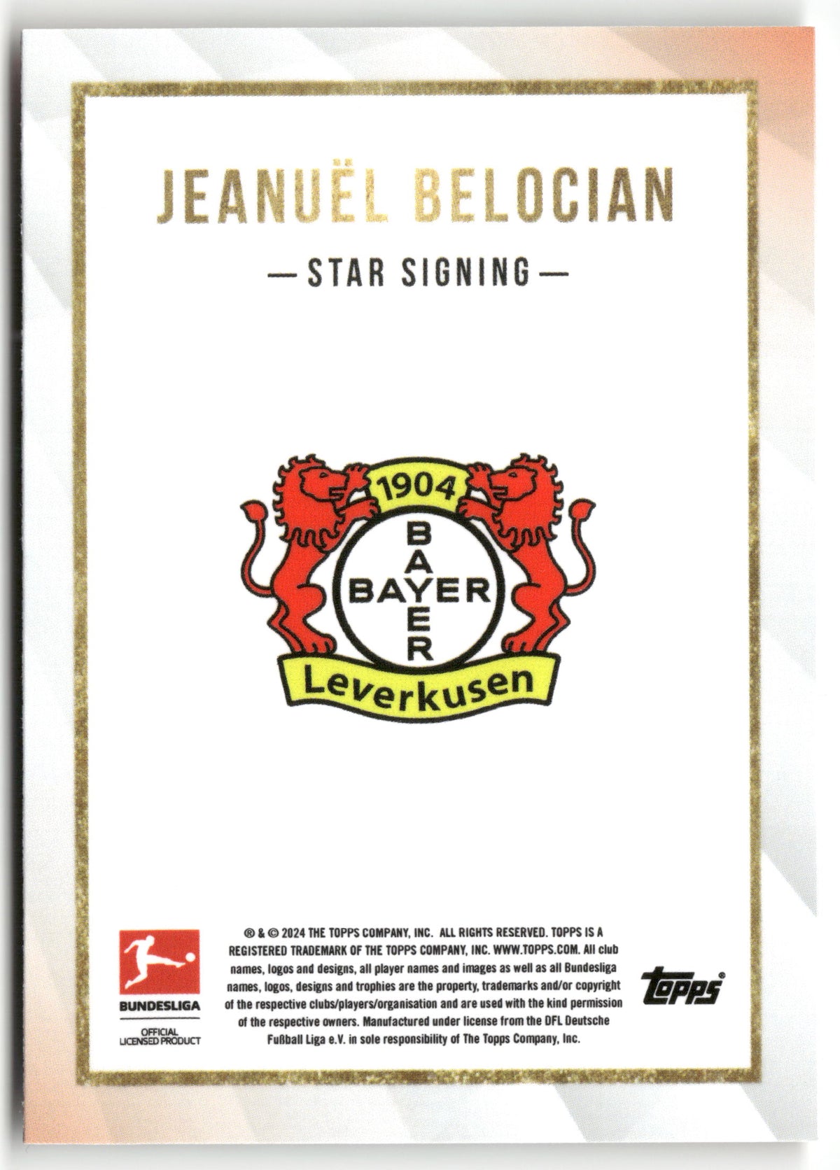 Fußball Jeanuël Belocian 2024 Topps Bundesliga Summer Signing Bayer Leverkusen Trading Card Original
