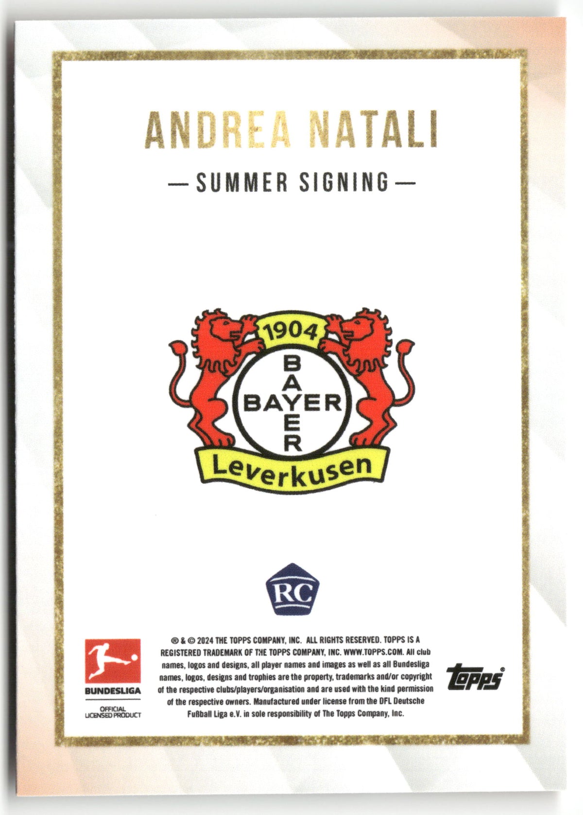 Fußball Andrea Natali 2024-25 Topps Bundesliga Summer Signing Bayer Leverkusen Rookie Card RC Trading Card Original