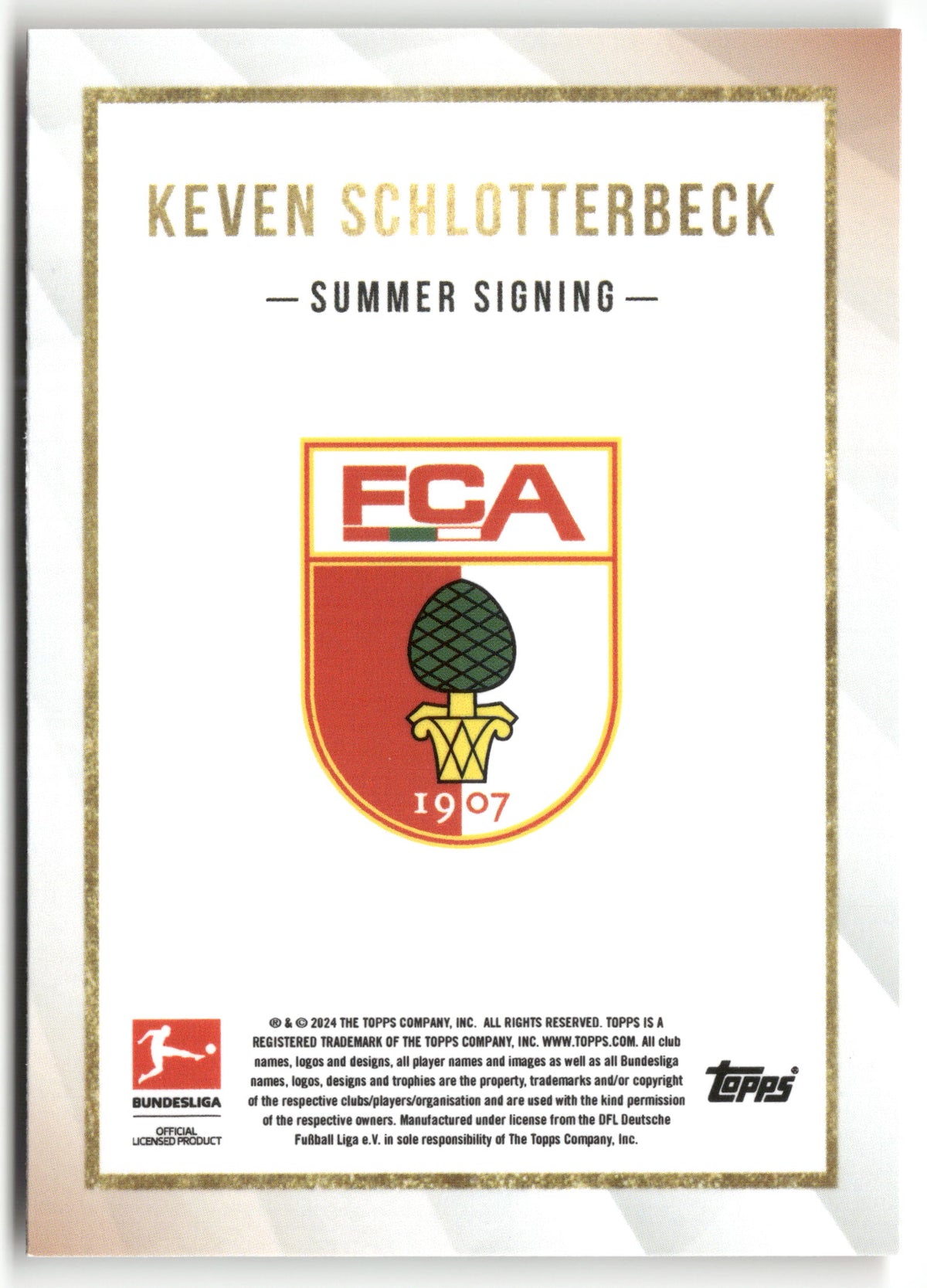 Fußball Keven Schlotterbeck 2024-25 Topps Bundesliga Summer Signing FC Augsburg Trading Card Original
