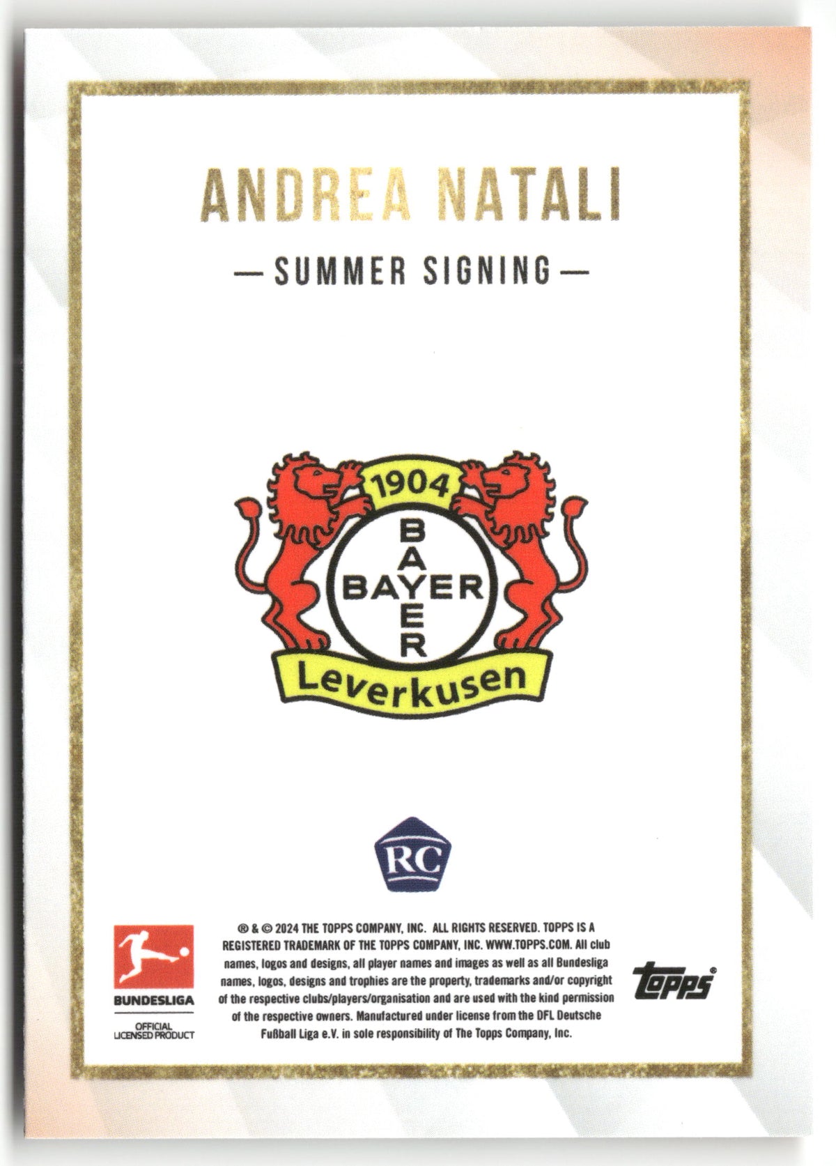 Fußball Andrea Natali 2024-25 Topps Bundesliga Summer Signing Bayer Leverkusen Rookie Card RC Trading Card Original