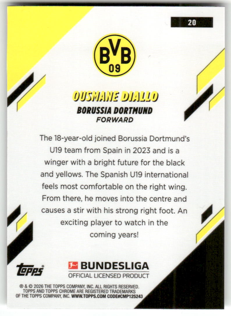 Fußball Ousmane Diallo Topps Chrome Bundesliga 2025-26 #20 Borussia Dortmund Rookie Card RC Trading Card Original