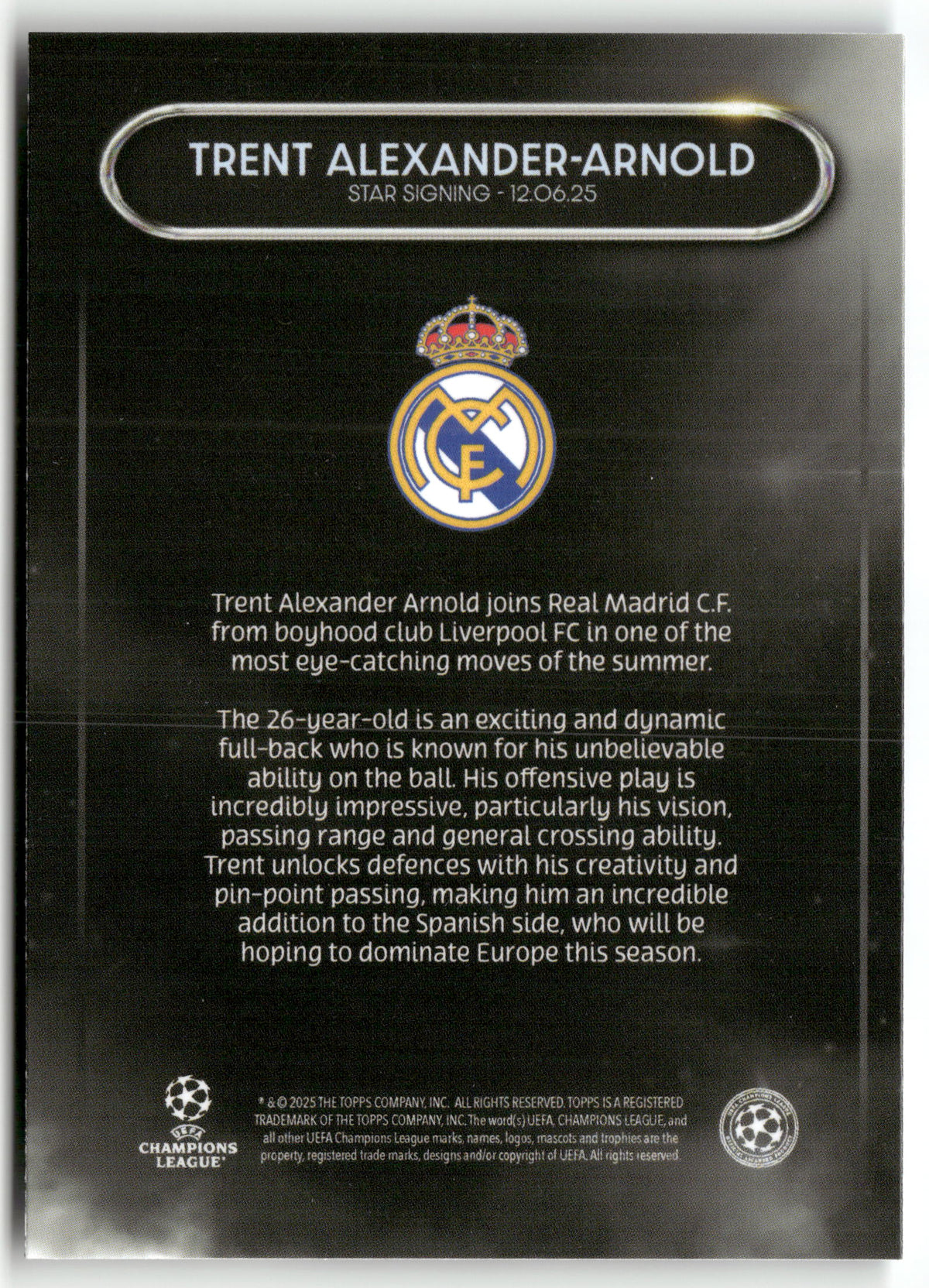 Fußball Trent Alexander-Arnold 2025-26 Topps UEFA Champions League Summer Signings Real Madrid C.F. Trading Card Original