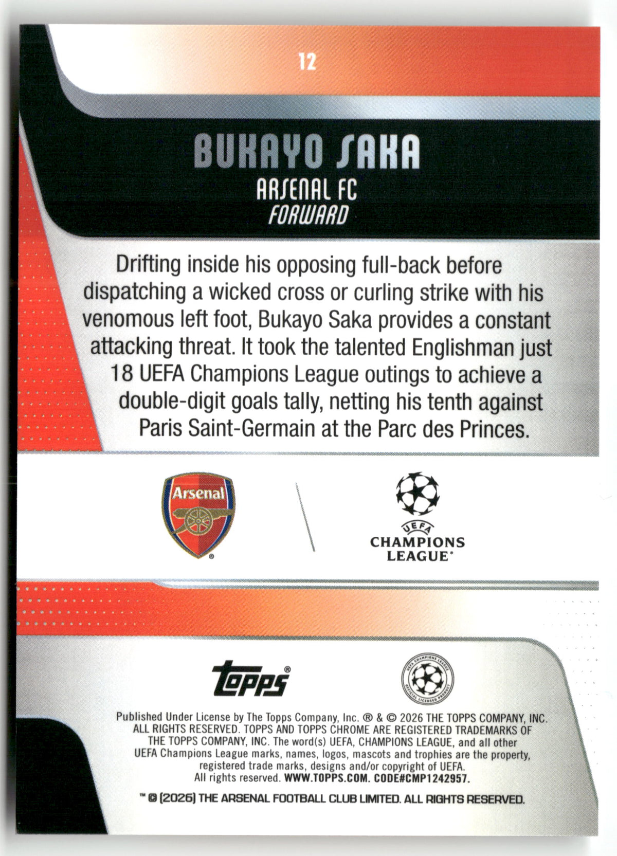 Fußball Bukayo Saka 2025-26 Topps Chrome UEFA Champions League #12 Arsenal FC Trading Card Original