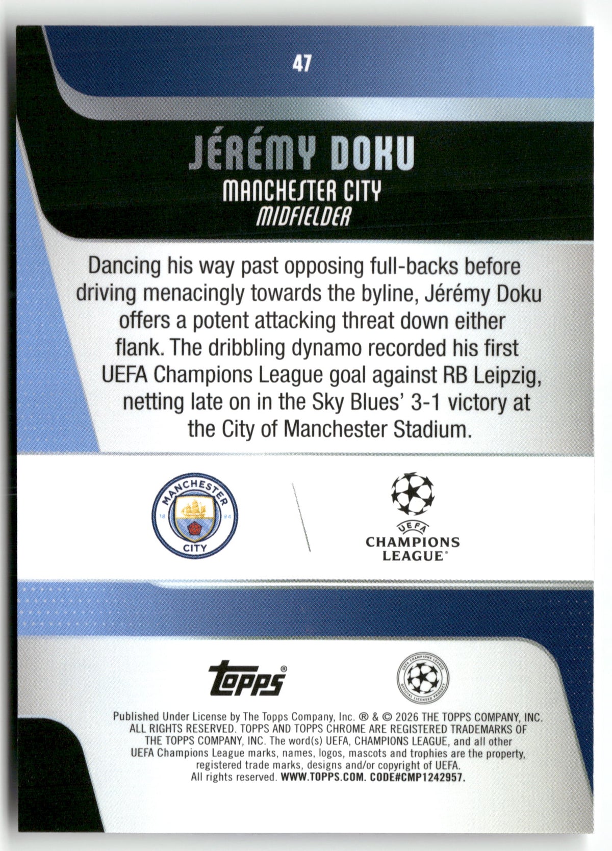Fußball Jérémy Doku 2025-26 Topps Chrome UEFA Champions League #47 Manchester City Trading Card Original