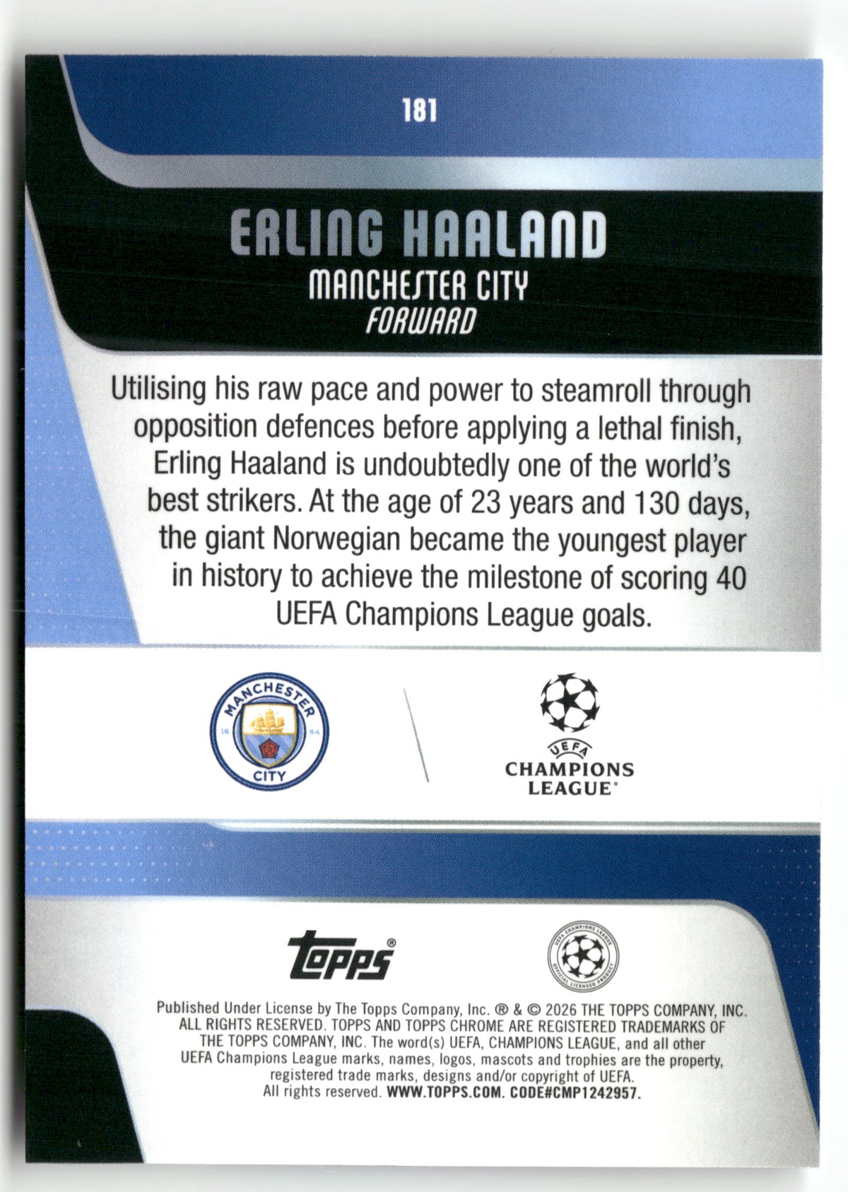 Fußball Erling Haaland 2025-26 Topps Chrome UEFA Champions League #181 Manchester City Trading Card Original