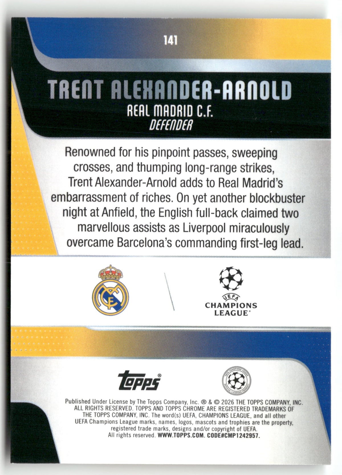 Fußball Trent Alexander-Arnold 2025-26 Topps Chrome UEFA Champions League #141 Real Madrid C.F. Trading Card Original