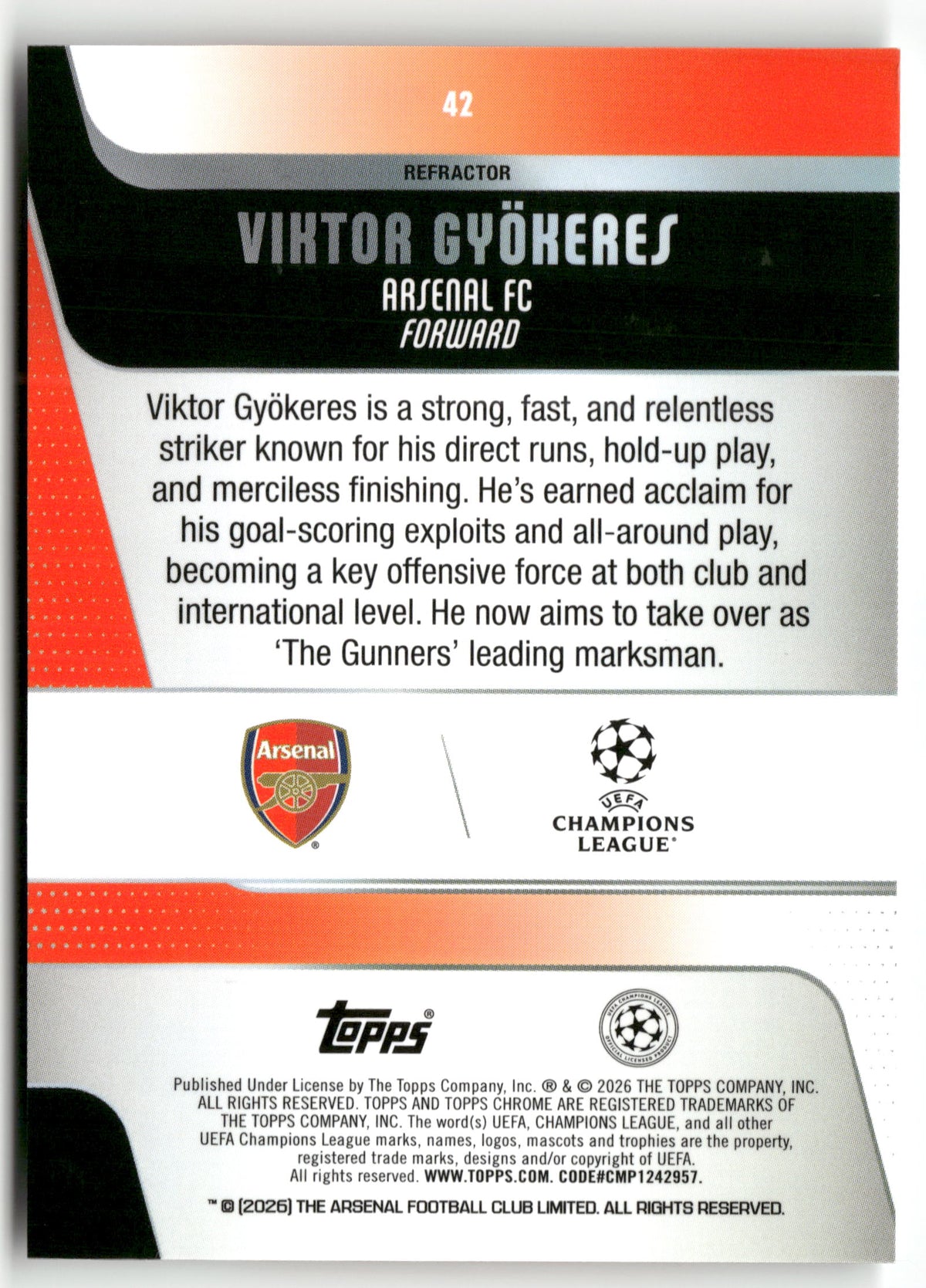 Fußball Viktor Gyökeres 2025-26 Topps Chrome UEFA Champions League #42 Refractor Arsenal FC Trading Card Original