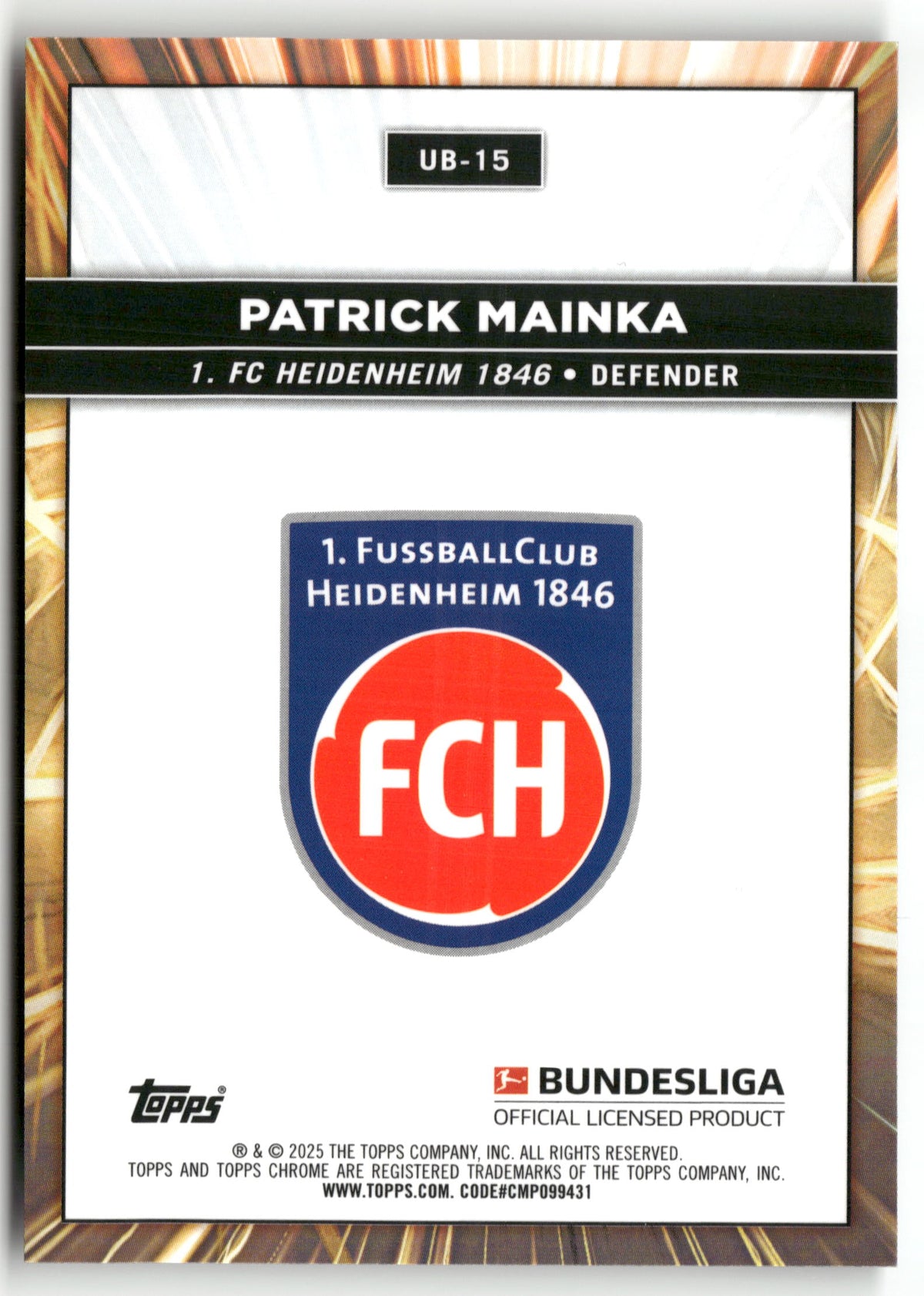 Fußball Patrick Mainka 2024-25 Topps Chrome Bundesliga #UB-15 Ultrabeam 1. FC Heidenheim 1846 Trading Card Original