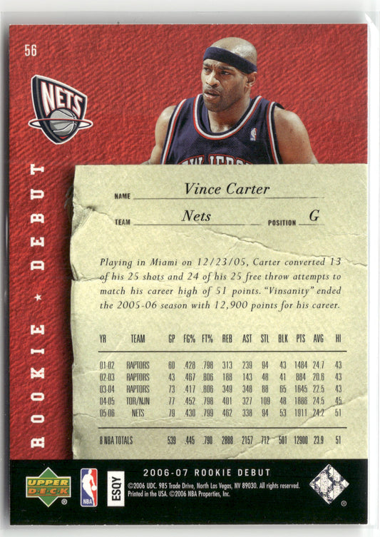 Basketball NBA Vince Carter 2006-07 Upper Deck Rookie Debut #56 New Jersey Nets Trading Card Original