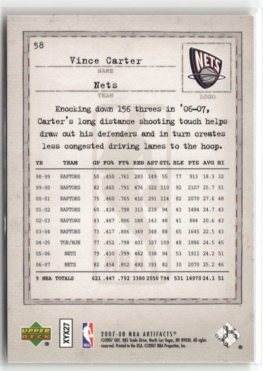 Basketball NBA Vince Carter 2007-08 NBA Artifacts #58 New Jersey Nets Trading Card Original