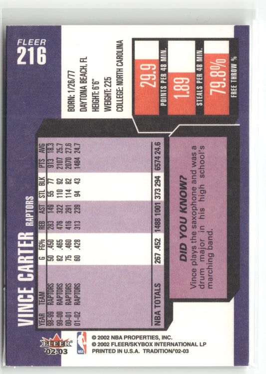 Basketball NBA Vince Carter 2002-03 Fleer Tradition #216 Toronto Raptors Trading Card Original