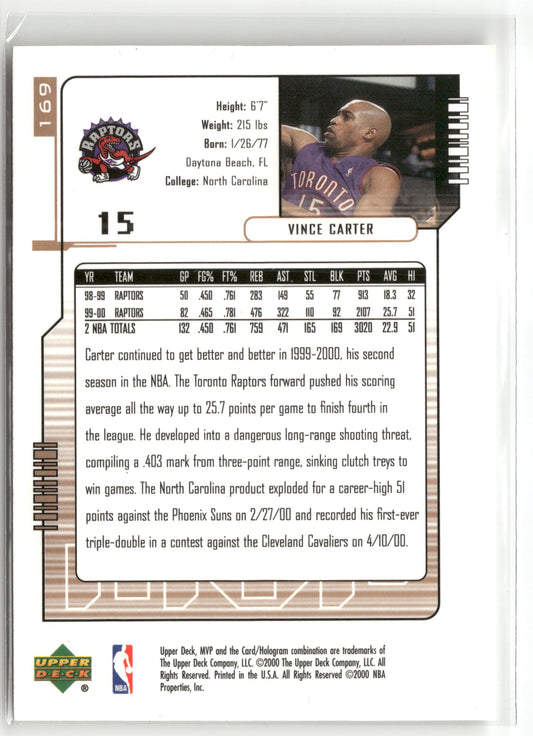 Basketball NBA Vince Carter Upper Deck MVP 2000-01 #169 Toronto Raptors Trading Card Original