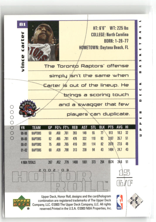 Basketball NBA Vince Carter 2002-03 Upper Deck Honor Roll #81 Toronto Raptors Trading Card Original