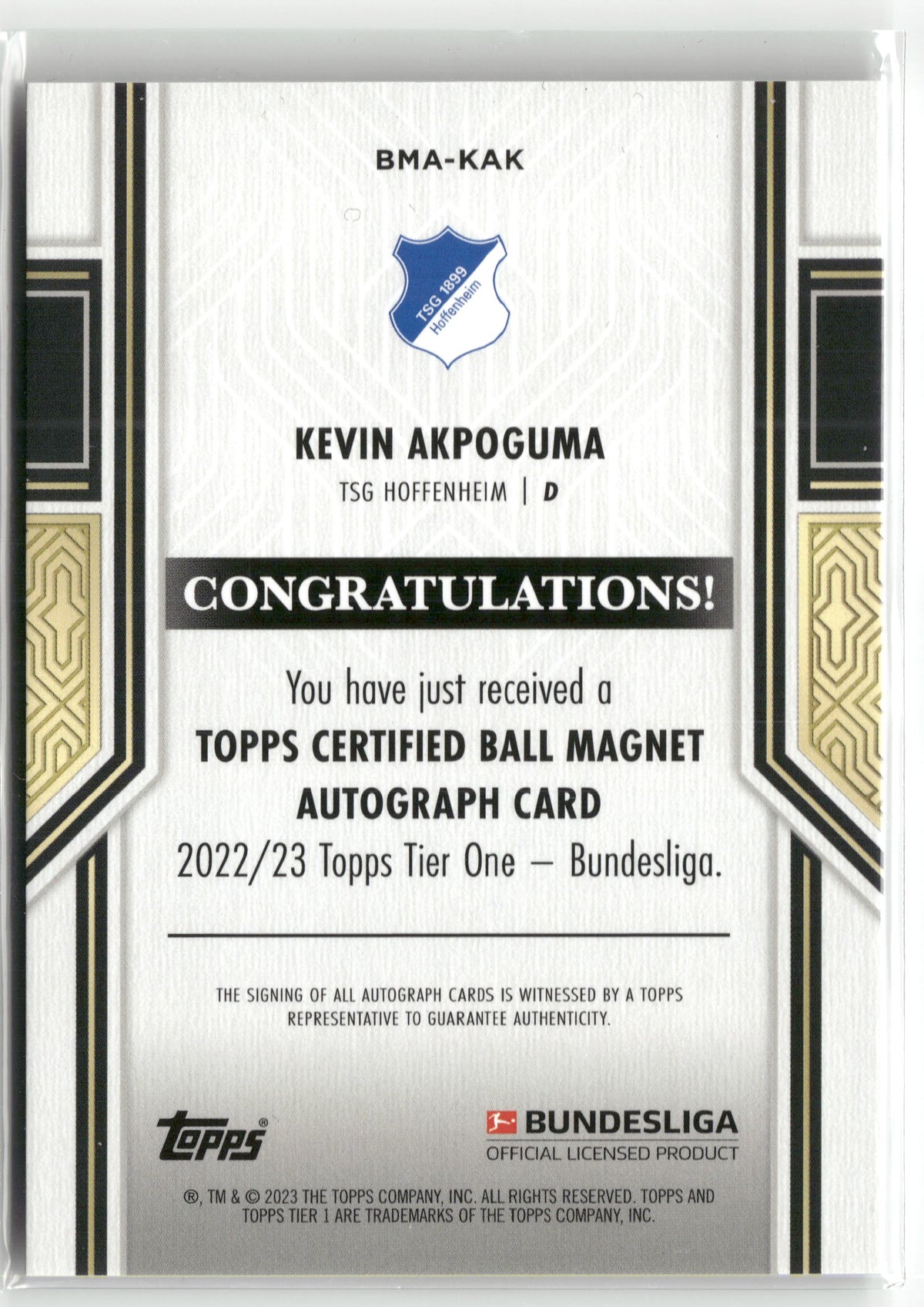 Fußball Kevin Akpoguma 2022/23 Topps Tier One Bundesliga #BMA-KAK Auto /110 TSG Hoffenheim Trading Card Original