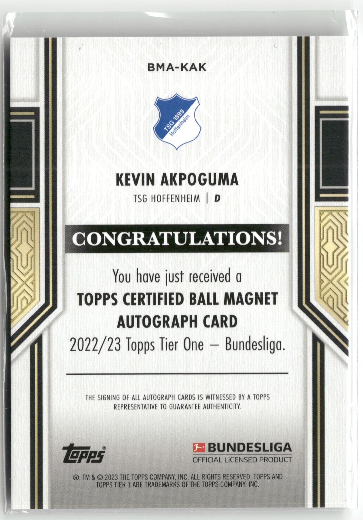 Fußball Kevin Akpoguma 2022-23 Topps Tier One Bundesliga #BMA-KAK Auto /110 TSG Hoffenheim Trading Card Original