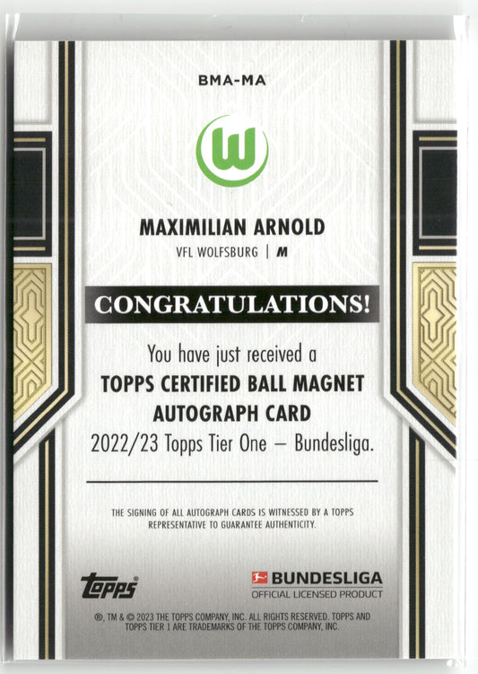 Fußball Maximilian Arnold 2022/23 Topps Tier One Bundesliga #BMA-MA Auto /110 VFL Wolfsburg Trading Card Original