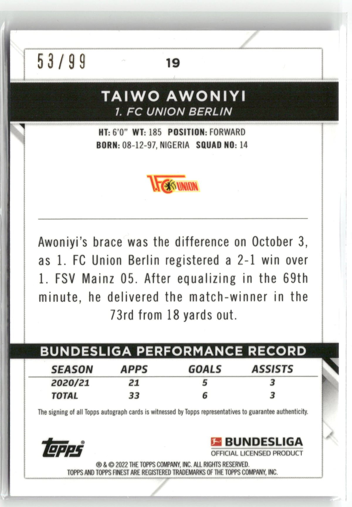 Fußball Taiwo Awoniyi 2021-22 Topps Finest Bundesliga #19 True Purple Auto /99 1. FC Union Berlin Rookie Card RC Trading Card Original