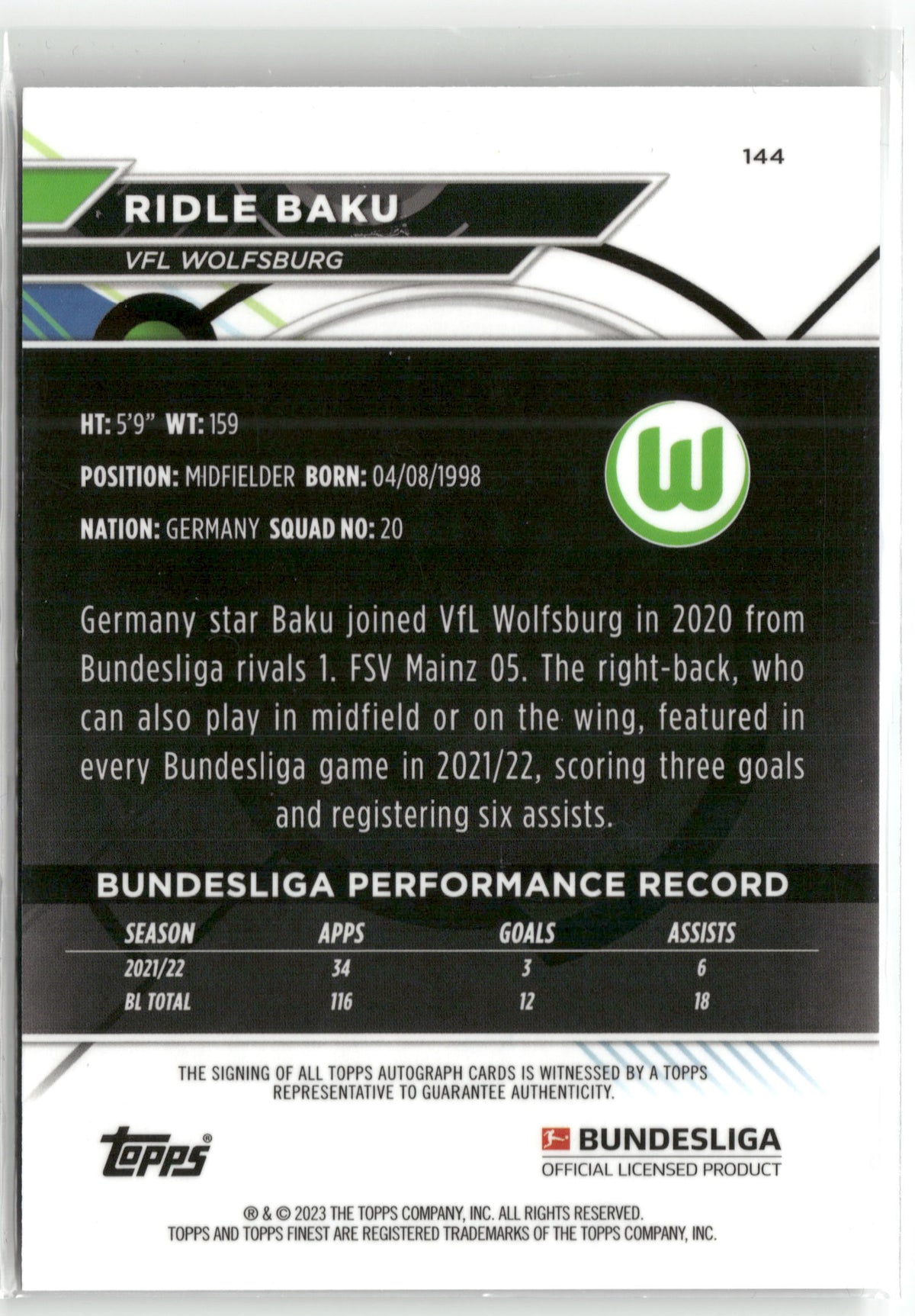 Fußball Ridle Baku 2022-23 Topps Finest Bundesliga #144 VFL Wolfsburg Trading Card Original