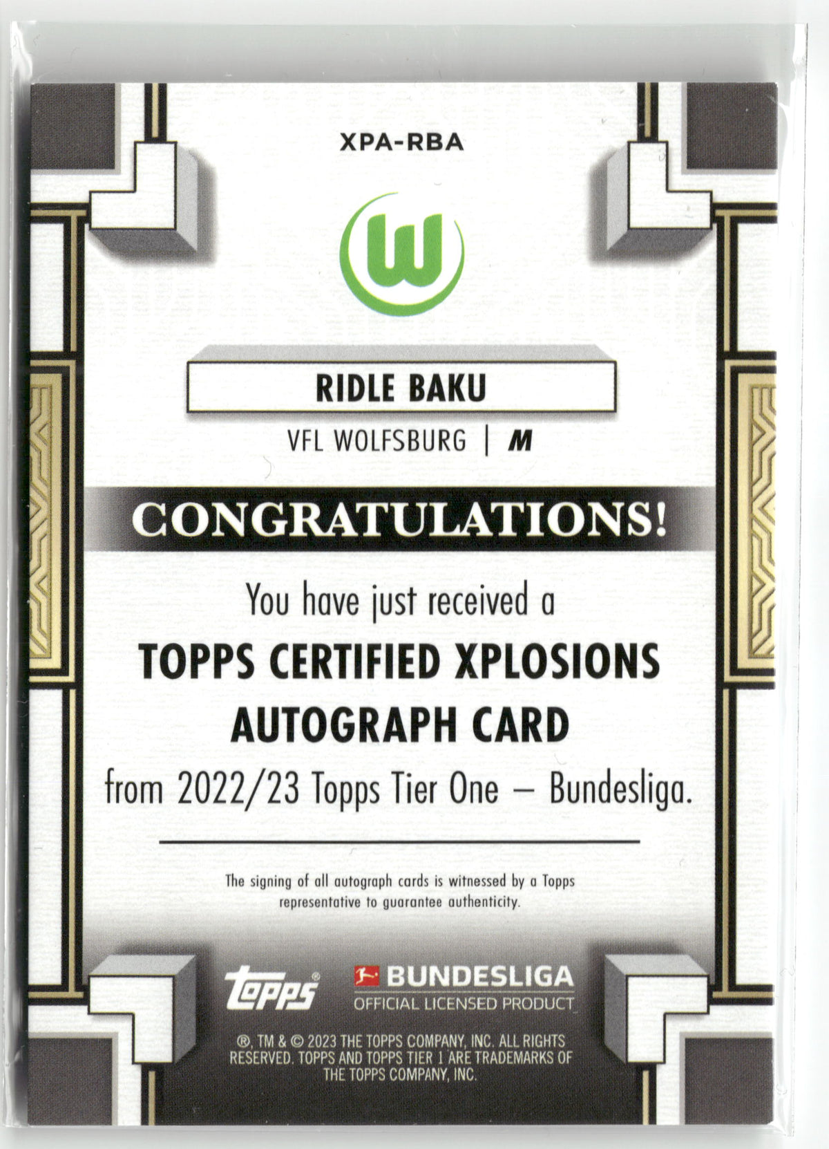 Fußball Ridle Baku 2022/23 Topps Tier One Bundesliga 2022-23 #XPA-RBA Auto /120 VFL Wolfsburg Trading Card Original