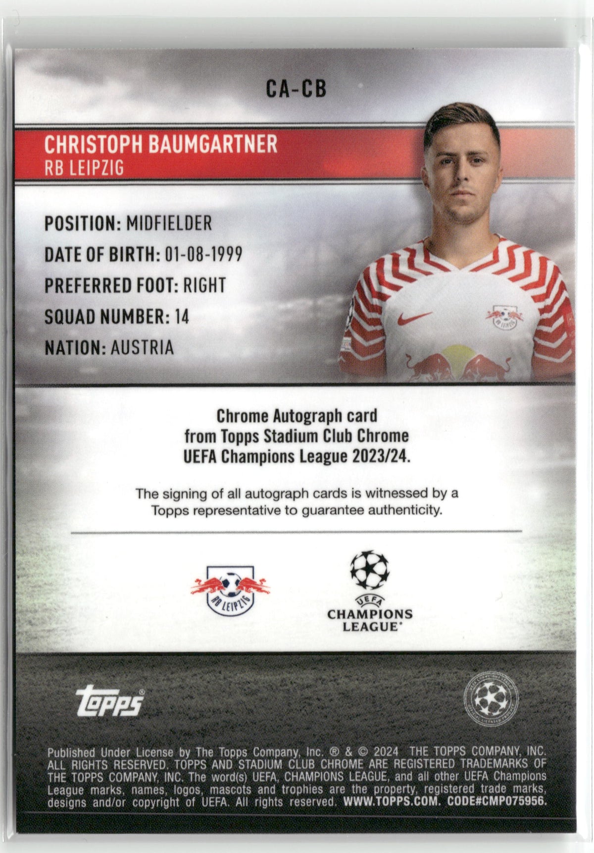 Fußball Christoph Baumgartner 2023-24 Topps Stadium Club Chrome UEFA Champions League #CA-CB Base Auto RB Leipzig Trading Card Original