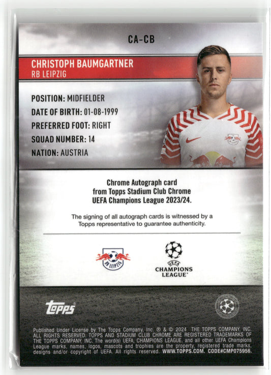Fußball Christoph Baumgartner 2023-24 Topps Stadium Club Chrome UEFA Champions League #CA-CB Gold Auto /50 RB Leipzig Trading Card Original