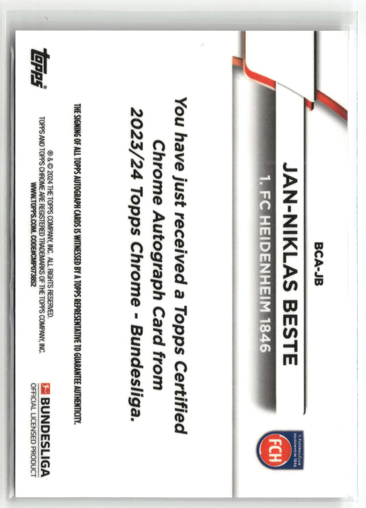Fußball Jan-Niklas Beste 2023/24 Topps Chrome Bundesliga #BCA-JB Base Auto 1. FC Heidenheim 1846 Trading Card Original