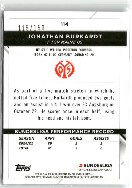 Fußball Jonathan Burkardt 2021-22 Topps Finest Bundesliga #114 True Blue /150 1. FSV Mainz 05 Trading Card Original