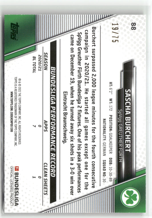 Fußball Sascha Burchert 2021-22 Topps Bundesliga #88 Green Refractor /75 SpVgg Greuther Fürth Trading Card Original