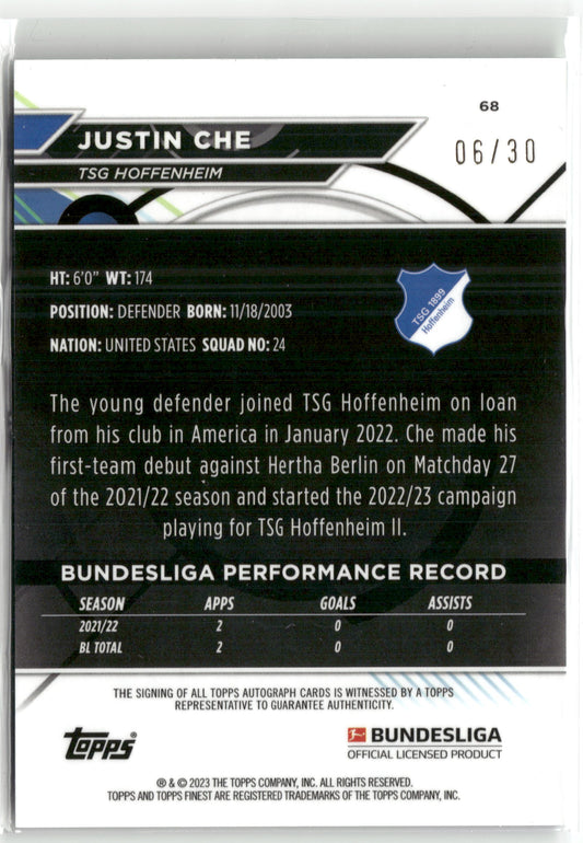 Fußball Justin Che 2022-23 Topps Finest Bundesliga #68 Green Wave Auto TSG Hoffenheim Trading Card Original