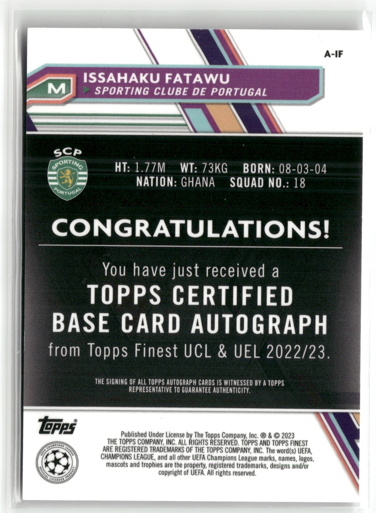 Fußball Issahaku Fatawu 2022-23 Topps Finest UCL & UEL #A-IF Base Rookie Auto Sporting Clube de Portugal Rookie Card RC Trading Card Original