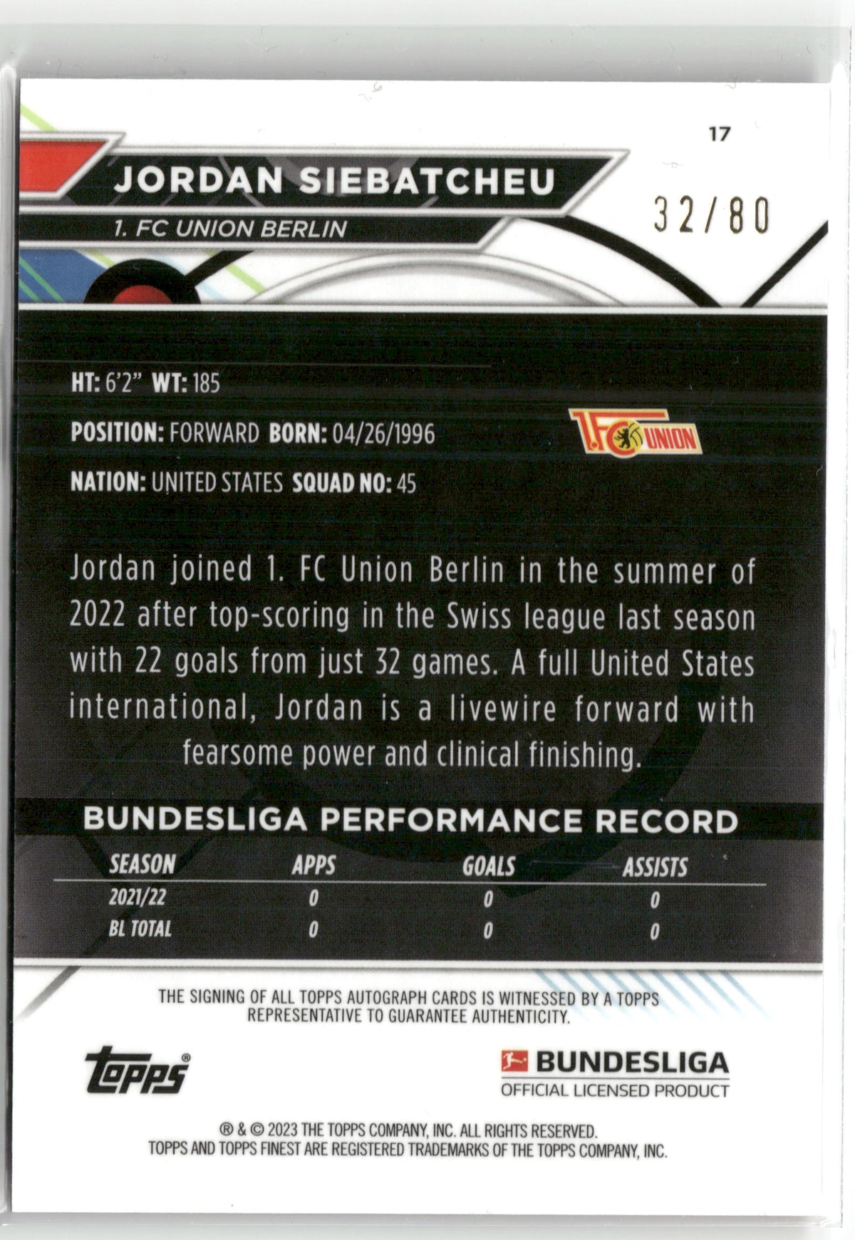 Fußball Jordan Siebatcheu 2022-23 Topps Finest Bundesliga #17 Purple Wave Auto 32/80 1. FC Union Berlin Trading Card Original