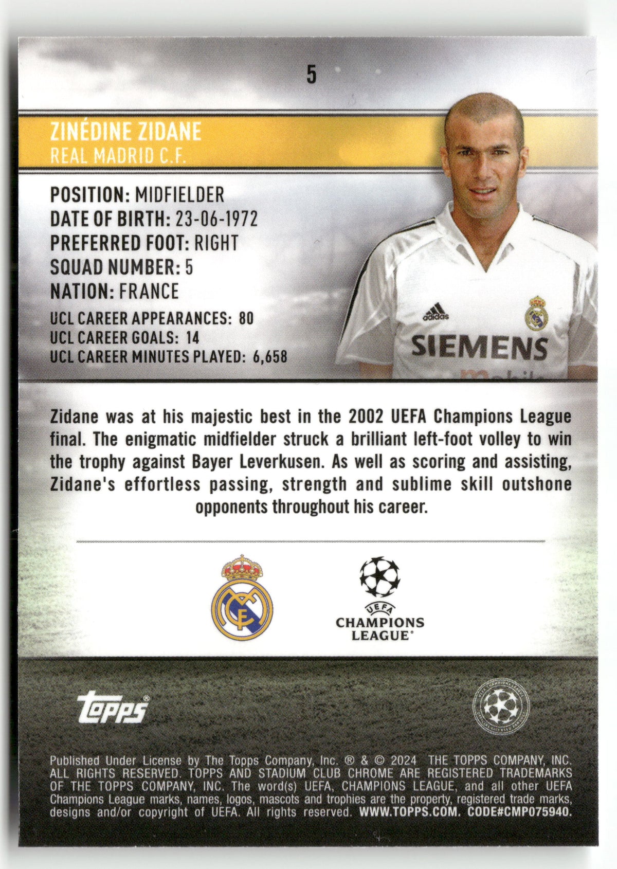 Fußball Zinédine Zidane 2024 Topps Stadium Club Chrome UEFA Champions League #5 Real Madrid C.F. Trading Card Original