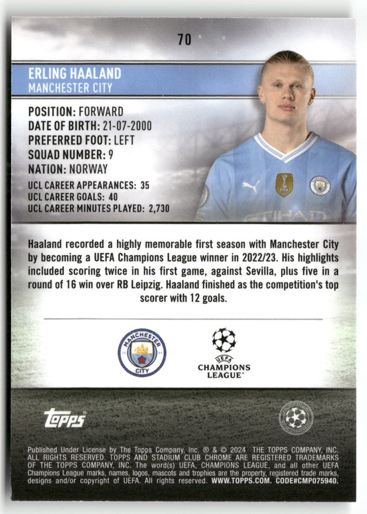 Fußball Erling Haaland 2024 Topps Stadium Club Chrome UEFA Champions League #70 Manchester City Trading Card Original