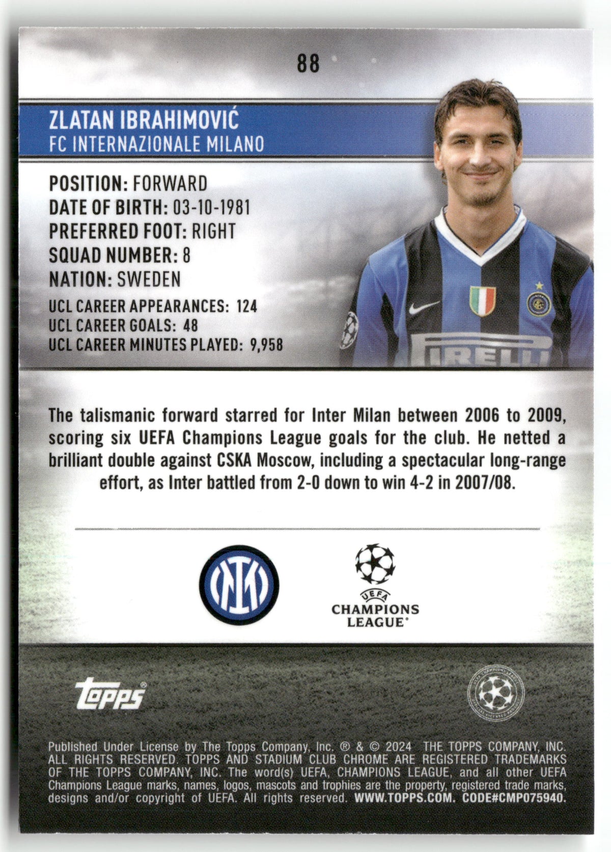 Fußball Zlatan Ibrahimović Stadium Club Chrome UEFA Champions League 2024 #88 FC Internazionale Milano Trading Card Original