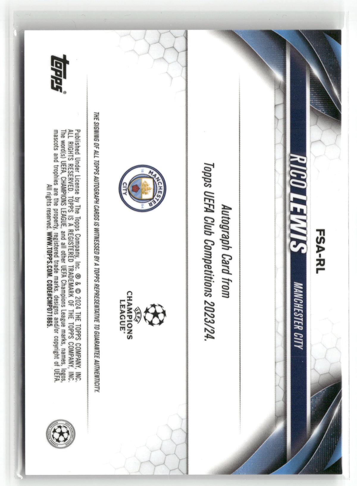 Fußball Rico Lewis 2023-24 Topps Chrome UEFA Club Competitions #FSA-RL Base Auto Manchester City Rookie Card RC Trading Card Original