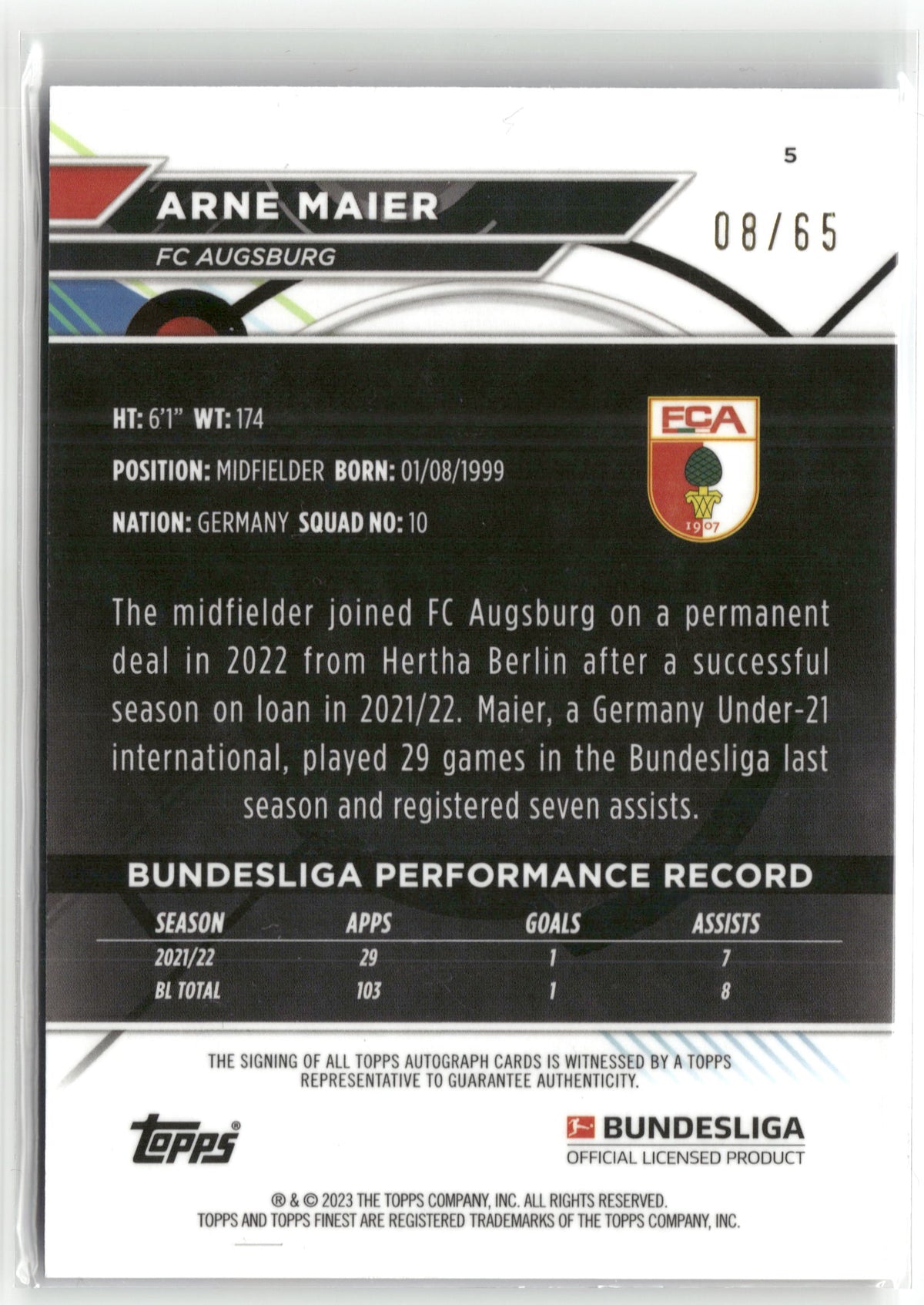 Fußball Arne Maier Topps Finest Bundesliga 2022-23 #5 True Blue Auto /65 FC Augsburg Trading Card Original
