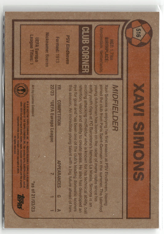 Fußball Xavi Simons 2022-23 Topps UEFA Europa League #516 PSV Eindhoven Trading Card Original