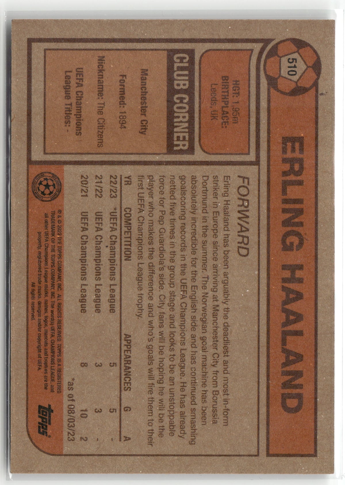 Fußball Erling Haaland 2022-23 Topps UEFA Champions League Living Set #510 Manchester City Trading Card Original
