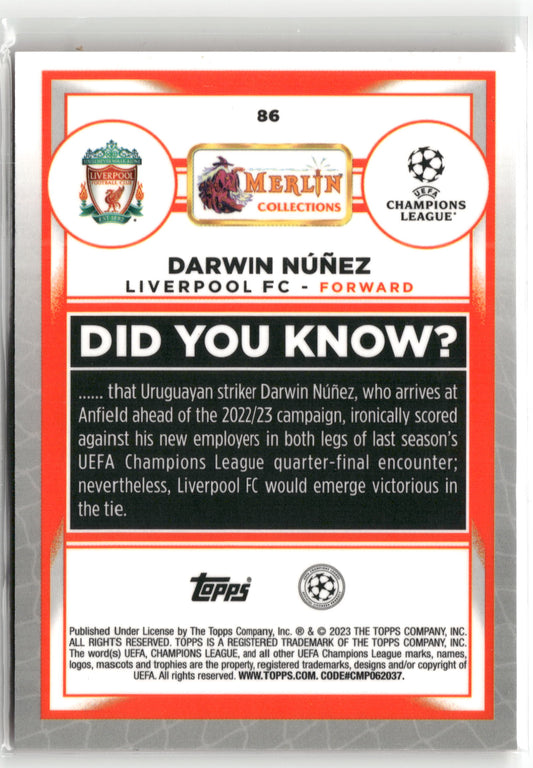 Fußball Darwin Núñez 2022-23 Topps Merlin Collections UEFA Champions League #86 Orange Mojo Refractor /25 Liverpool FC Trading Card Original