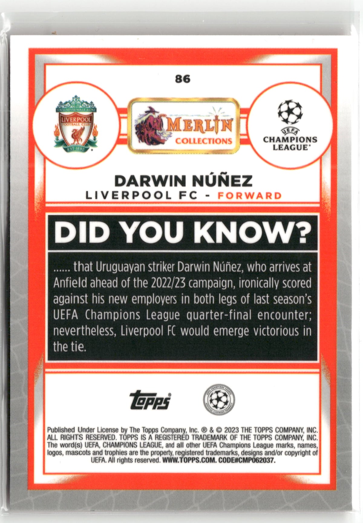 Fußball Darwin Núñez 2022-23 Topps Merlin Collections UEFA Champions League #86 Orange Mojo Refractor /25 Liverpool FC Trading Card Original