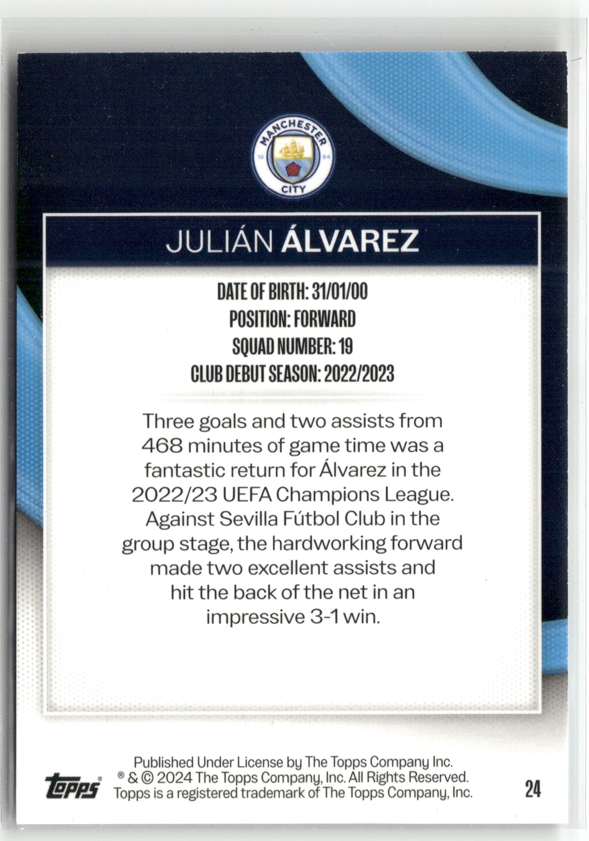 Fußball Julián Álvarez 2024 Topps Manchester City #24 Team Set /50 Manchester City Trading Card Original