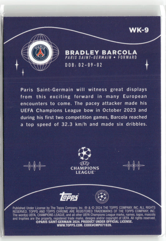 Fußball Bradley Barcola 2023-24 Topps Chrome UEFA Champions League #WK-9 Wonderkids RC Paris Saint-Germain Rookie Card RC Trading Card Original