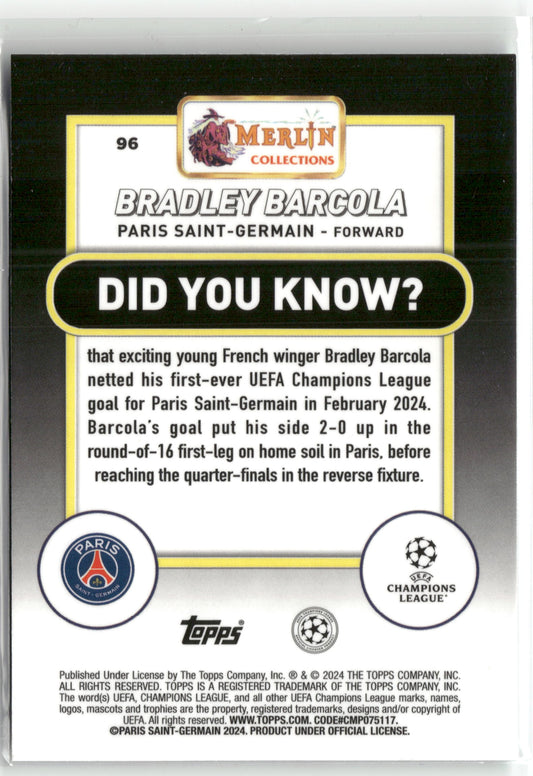Fußball Bradley Barcola Topps Merlin Collections UEFA Champions League 2024-25 #96 Aqua Prism Refractor Rookie Card Paris Saint-Germain Rookie Card RC Trading Card Original