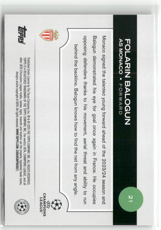 Fußball Folarin Balogun 2024-25 Topps UEFA Champions League #21 Raindrop Foil AS Monaco Trading Card Original