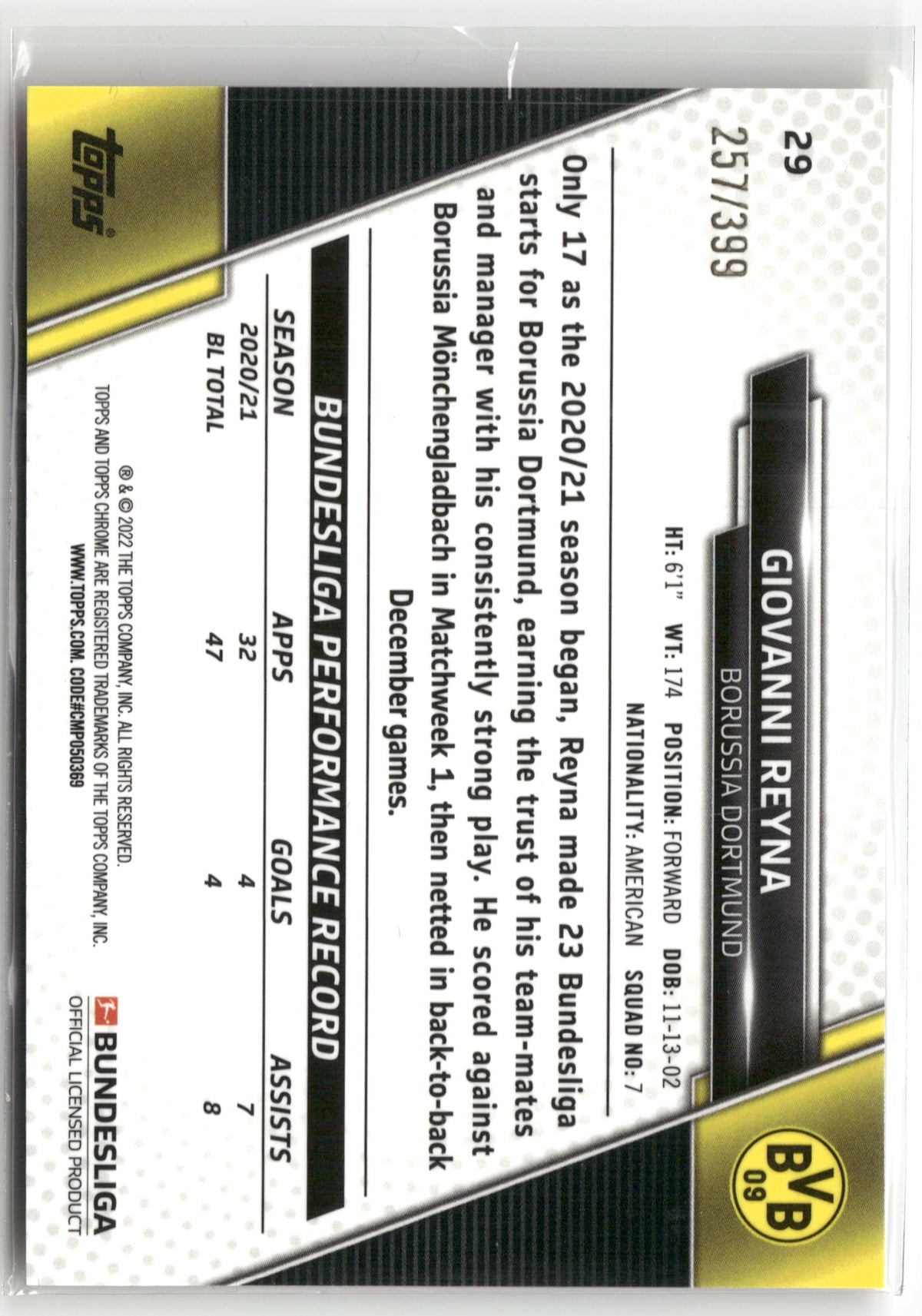 Fußball Giovanni Reyna 2021-22 Topps Chrome Bundesliga #29 Pink /399 Borussia Dortmund Trading Card Original