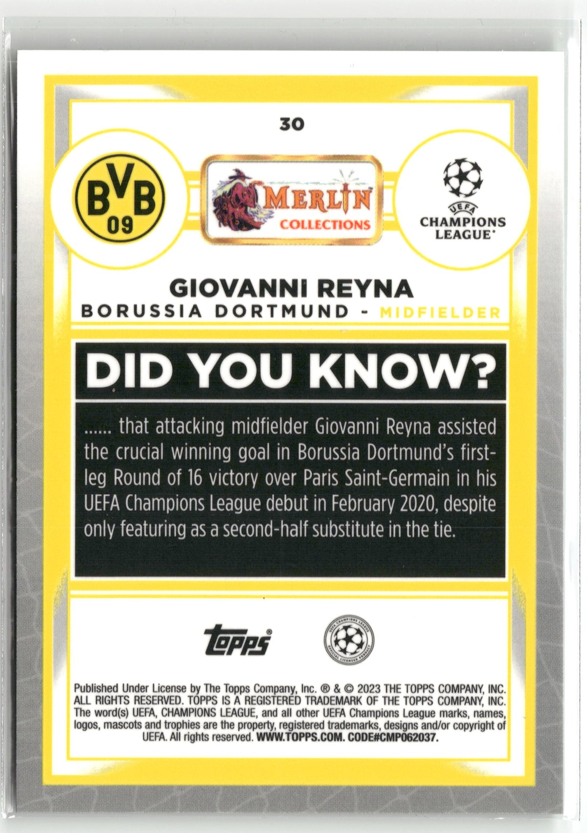 Fußball Giovanni Reyna Topps Merlin UEFA Champions League 2022-23 #30 Green Mojo /99 Borussia Dortmund Trading Card Original