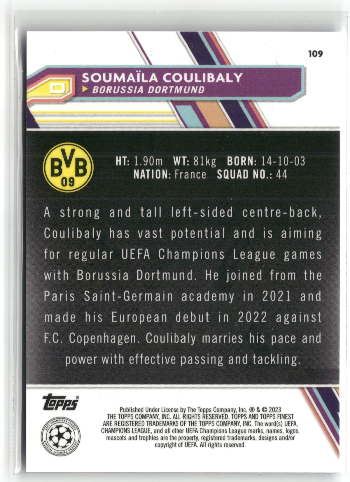 Fußball Soumaïla Coulibaly 2022-23 Topps Finest UEFA Champions League #109 True Blue /150 Borussia Dortmund Rookie Card RC Trading Card Original
